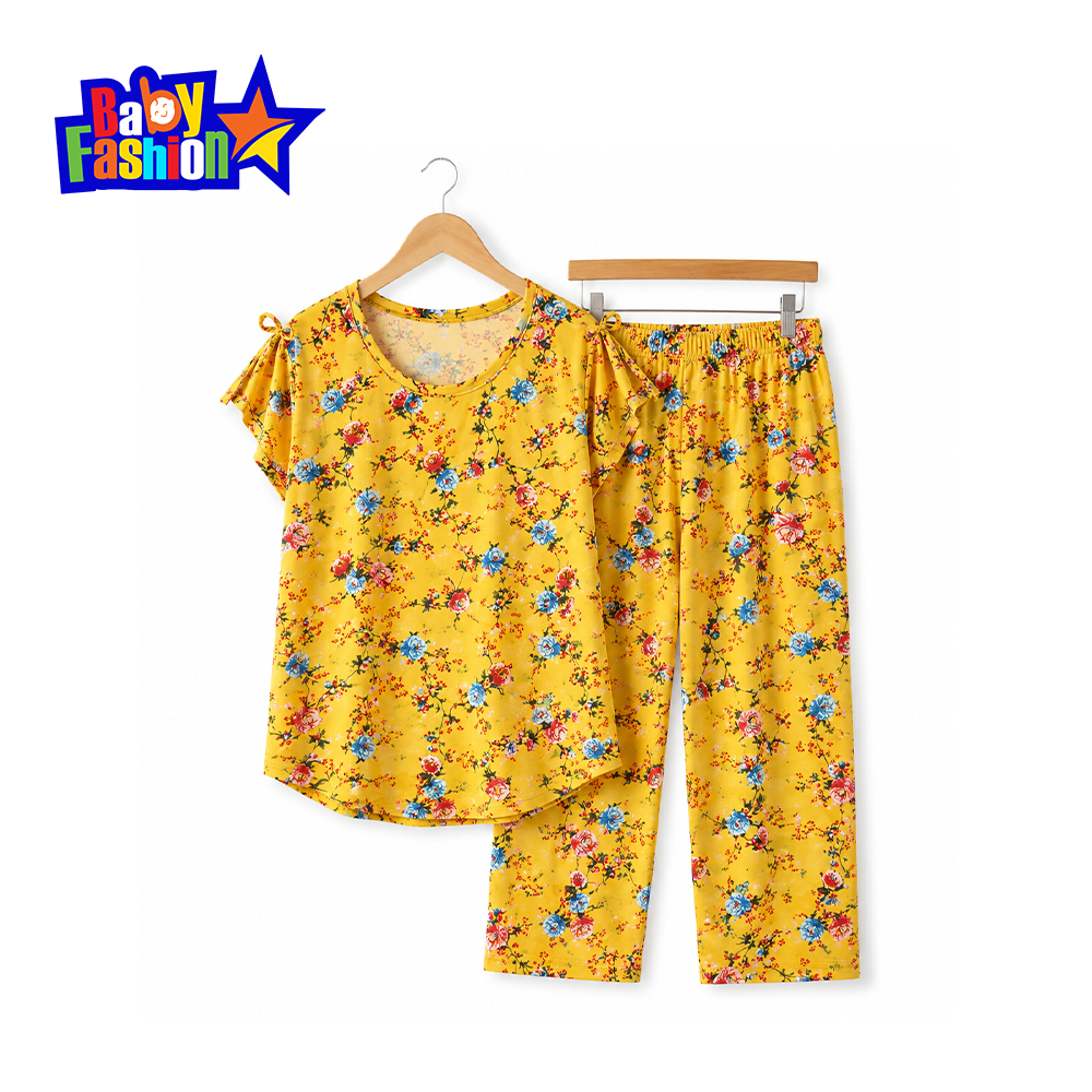 Girls Floral Top & Pant Set, Baby Girls Night Suit Set - Yellow